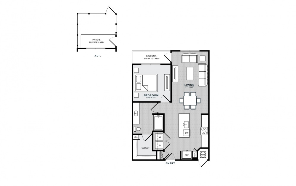 A2 - 1 bedroom floorplan layout with 1 bath and 818 square feet.