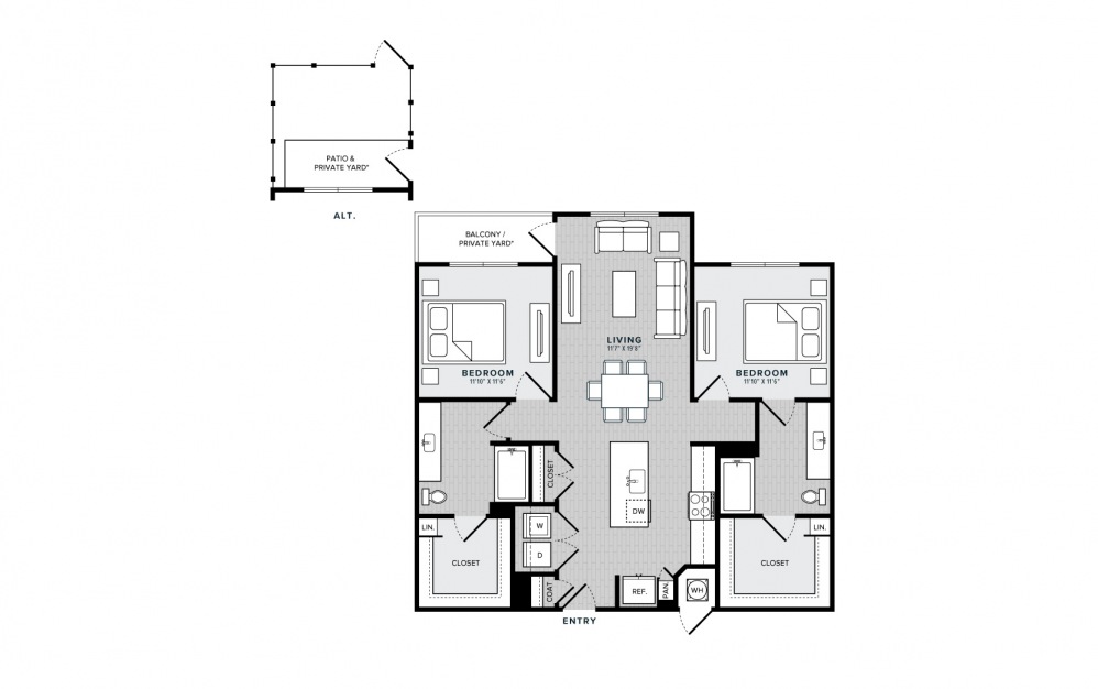 B2 - 2 bedroom floorplan layout with 2 baths and 1191 square feet.
